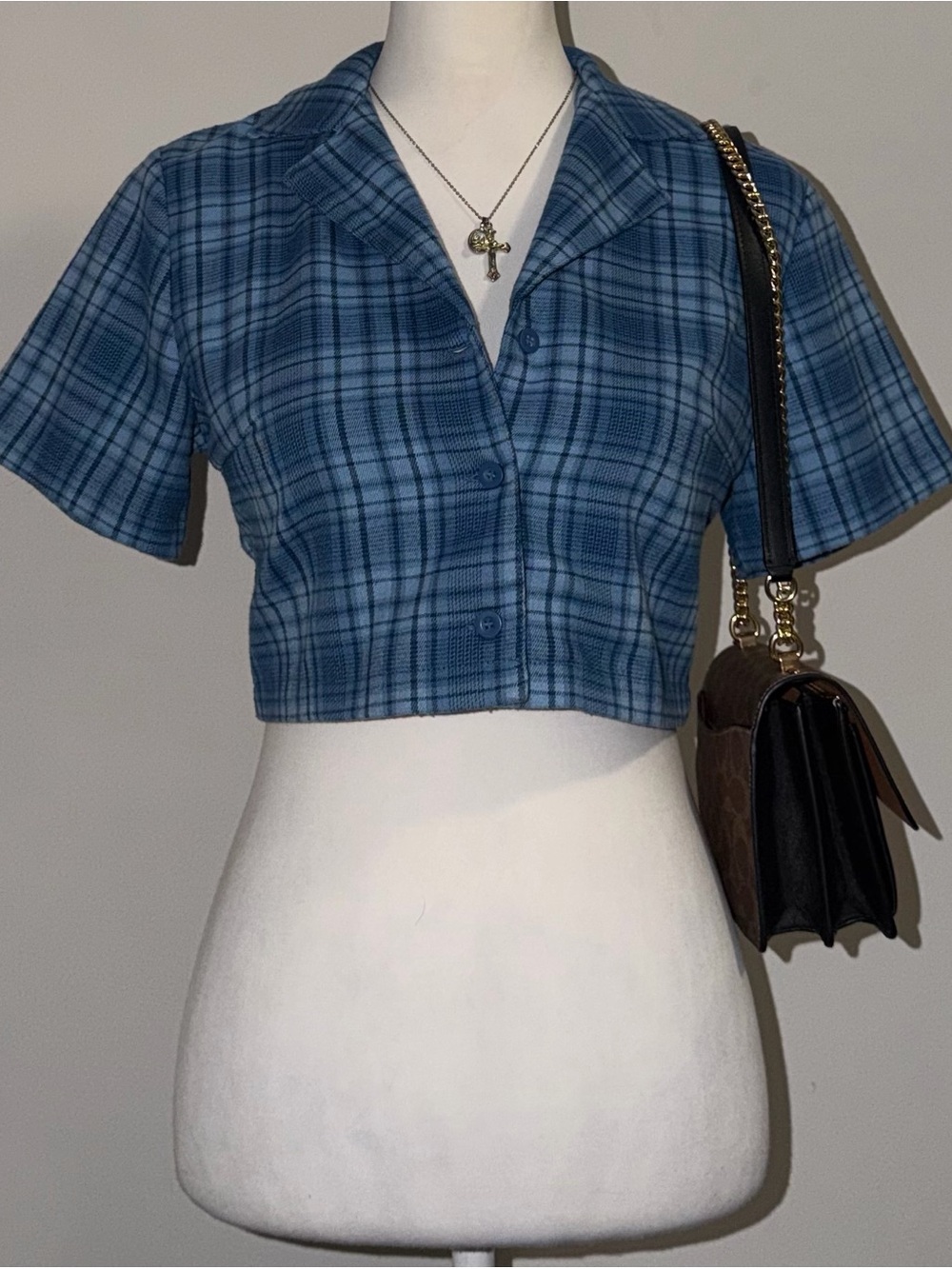 2000s vintage style brandy melville blue vivian plaid cropped button up
